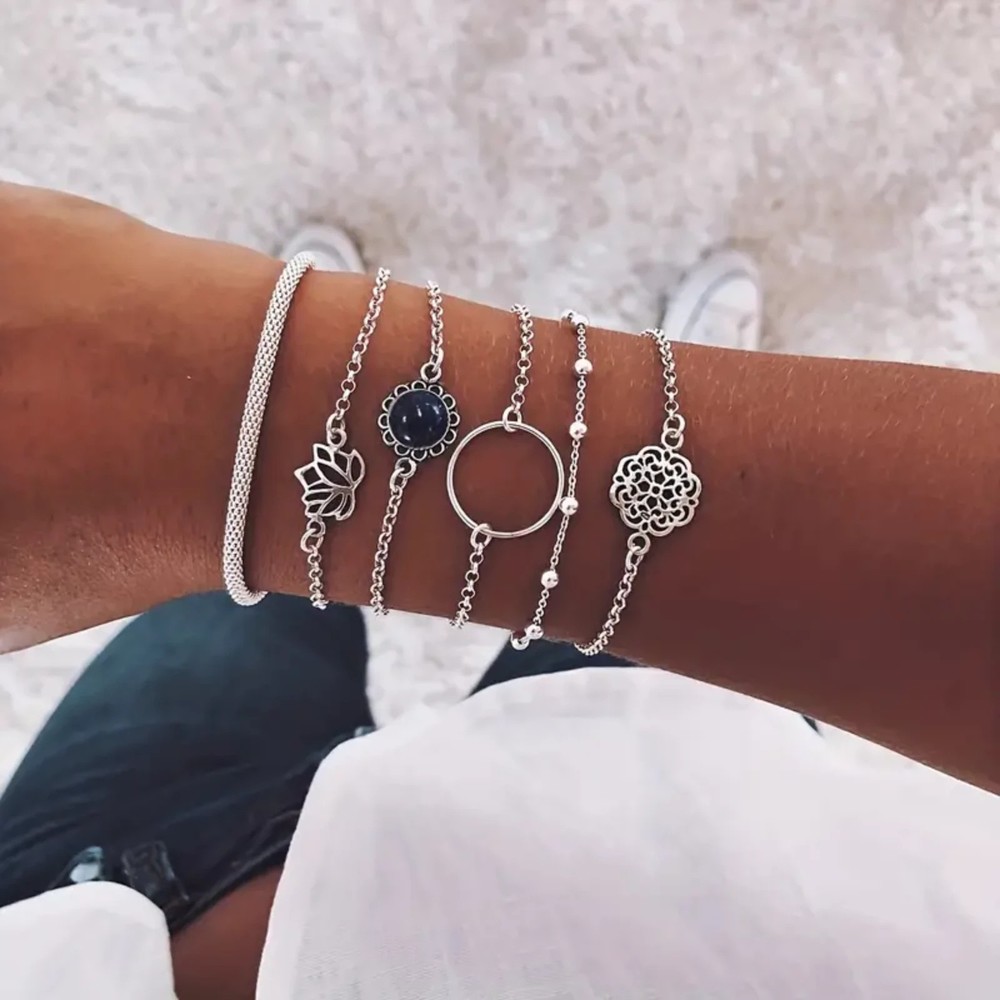 Women's 6 Piece Silver Chain Bracelet Set with Lotus Charm